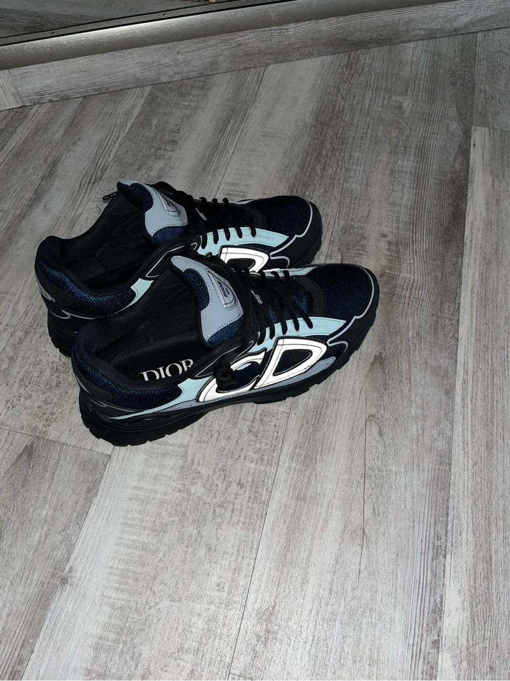 Dior Men's Black and Light Blue Logo Panel Sneakers